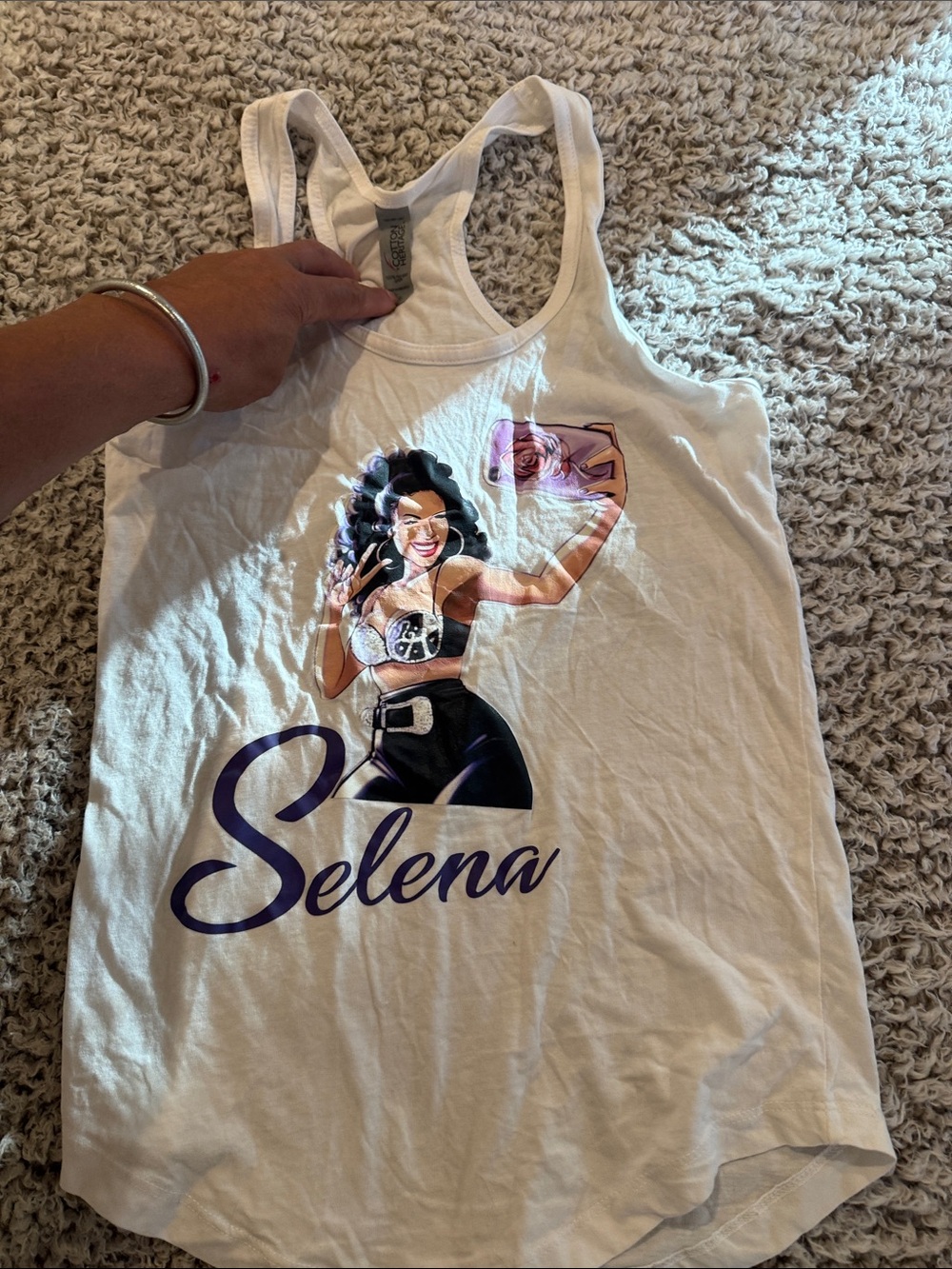 White Graphic Racerback Tank Top with Purple Script